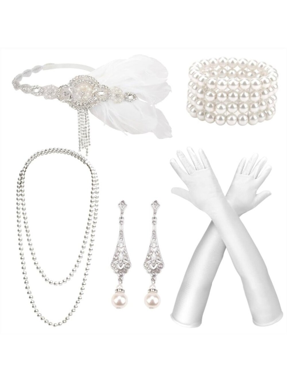 1920s Great Gatsby Flapper Accessories Set - Headband, Gloves & Costume Jewelry